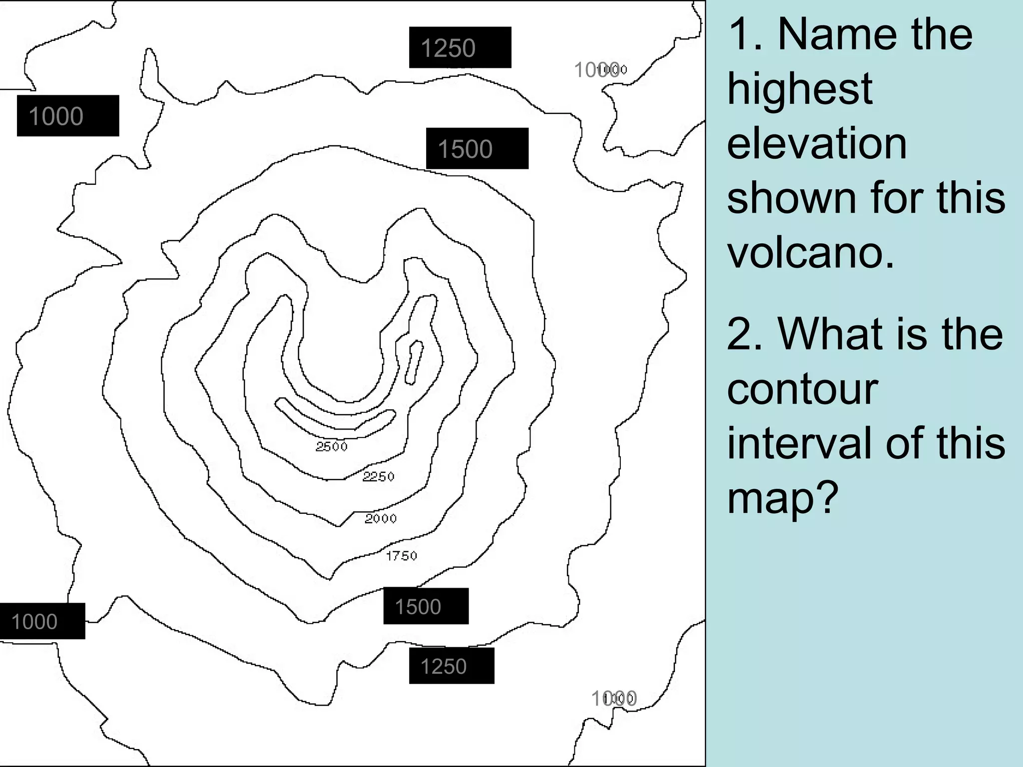 1. Name the
highest
elevation
shown for this
volcano.
2. What is the
contour
interval of this
map?
1000
1250
1500
1000
1250
1500
1000
1000
 