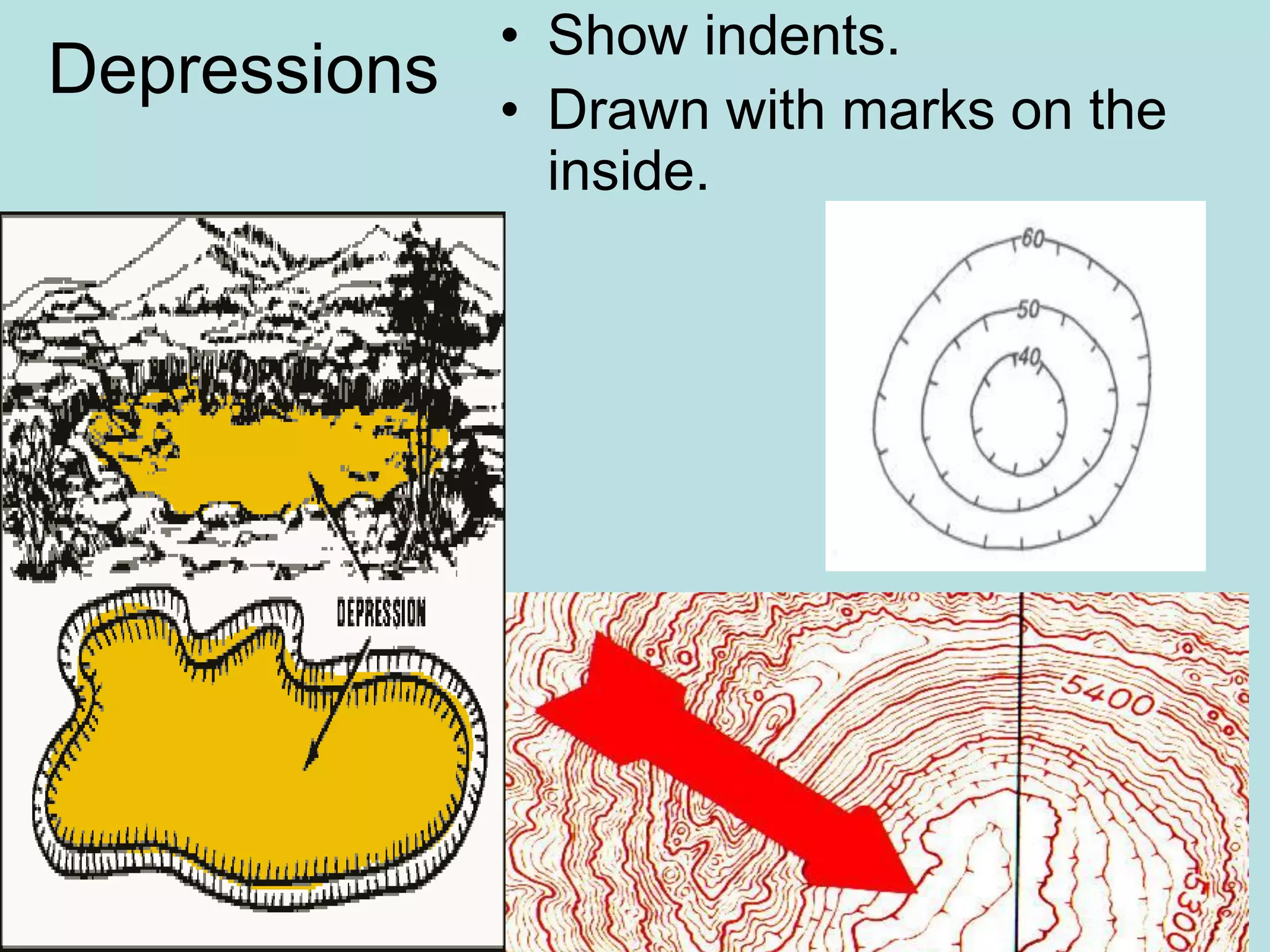 Depressions
• Show indents.
• Drawn with marks on the
inside.
 