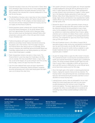 >> Corporate relocations remain one of the main drivers in Dallas. Many
firms relocating to Texas cite the low cost of living, steady population
growth, available workforce and quality education as factors. Over
500 companies have relocated their corporate headquarters to Texas
over the last five years.
>> The affordability of housing is also a major draw for these companies
in retaining employees. For example, with Toyota’s relocation from
Torrance, CA to Plano, TX, the company can keep employee pay at
the same level and those employees benefit from housing costs that
are roughly one-third those of California.
>> General population growth combined with corporate relocations
are driving massive development. On the border between Plano
and Frisco, approximately 30 minutes north of downtown Dallas,
there are several mixed-use developments totaling $7 billion either
announced or underway within a three-mile span which includes
Frisco’s “$5-billion mile”.
>> Traditional boundaries with respect to submarket location
preferences according to tenant industry have blurred and pricing
has played a role in that transition. Tech firms began moving to
the Financial District after being priced out of Cambridge, and life
sciences companies who traditionally desired the Kendall Square and
Cambridge neighborhoods are now looking elsewhere as rents have
risen on what limited space is available.
>> Public transportation remains a key factor in these moves. The
Financial District is only three stops from Cambridge on the Red
Line, for example. The areas around North Station, a major transit
hub, as well as the Seaport, are up and coming for tech firms as they
have the edgy, creative, loft space that these firms desire.
>> Law firms have stabilized head counts and space requirements
after several years of downsizing. Shared workspace companies
are active and growing, and in some cases leasing space that hadn’t
seen a lot of interest from other firms.
>> Tech growth continues to drive the Seattle area. Amazon expanded
its global headquarters during Q4 2015 by delivering the first of
three 1.1 million square foot office towers. These developments
increase Amazon’s total commitments to roughly 11 million square
feet in the Downtown Seattle submarkets of Lake Union and
Belltown. Many Silicon Valley-based tech firms such as Facebook,
Google, Apple, Oracle, and Salesforce have expanded their Seattle
satellite offices to tap into the area’s deep engineering talent pool
and high quality of life.
>> Demand for space in core urban submarkets remains strong as
tech companies leverage prime office space to attract and retain
the millennial workforce that has gravitated to living in these
areas. As the availability of creative loft-style space has dried
up, landlords are modernizing traditional Class A towers; adding
amenities such as amenity rich lobbies, fitness centers, and even
bicycle lockers in order to compete for the growing demand from
tech firms. This competition for space has driven Class A asking
rents up 9.7% year-on-year.
>> One area of potential concern is the millions of square feet of
speculative projects under construction and planned to be delivered
over the next 18-36 months into the CBD. Will the fast pace of
absorption over the past 24 months continue unabated, or could
broader headwinds that face the tech sector slow the pace of
expansion plans in Seattle?
>> As goes the energy market, so goes the office market in Houston.
The sustained low levels in oil pricing have precipitated rounds of
layoffs and corporate downsizing as sublease space is flooding the
market. The strong correlation between the WTI Spot Price and
Class A vacancy rates is undeniable, as $120+ per barrel prices
led to sub-10% vacancy in 2008 while the current $30 per barrel
prices have driven vacancy up to the 15% range.
>> One of the bright spots in the market is a booming petrochemical
industry, reaping the rewards of low-priced raw materials. The
housing market is also performing well now, as developers barely
kept pace with demand during the last boom, and there is not an
abundance of excess housing stock.
>> Looking forward, vacancy rates are anticipated to rise as major
energy firms leave leased space and move into new owner-
occupied developments that continue to work through the
construction pipeline. This leaves opportunity for firms seeking
to upgrade their offices at an affordable price as landlords are
renovating many of these vacated buildings to attract new
tenants.
Copyright © 2015 Colliers International.
The information contained herein has been obtained from sources deemed reliable. While every reasonable effort has been made to ensure its accuracy, we cannot guarantee it.
No responsibility is assumed for any inaccuracies. Readers are encouraged to consult their professional advisors prior to acting on any of the material contained in this report.
Colliers International
666 Fifth Avenue
New York, NY 10103
+1 212 716 3500
colliers.com
OFFICE SERVICES | contact
Cynthia Foster		
President,
National Office Services
+1 212 716 3515
cynthia.foster@colliers.com
RESEARCH | contact
Pete Culliney
Director of Research | Global
+1 212 716 3698
pete.culliney@colliers.com
Michael Roessle
Director of National Research | USA
+1 212 716 3699
michael.roessle@colliers.com
Seattle
BostonDallas
Houston
 