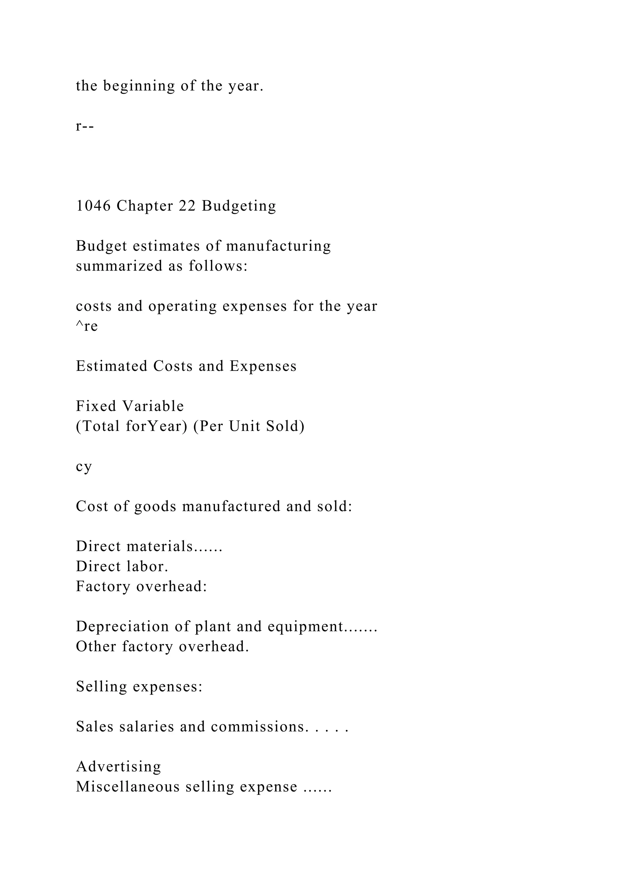 the beginning of the year.
r--
1046 Chapter 22 Budgeting
Budget estimates of manufacturing
summarized as follows:
costs and operating expenses for the year
^re
Estimated Costs and Expenses
Fixed Variable
(Total forYear) (Per Unit Sold)
cy
Cost of goods manufactured and sold:
Direct materials......
Direct labor.
Factory overhead:
Depreciation of plant and equipment.......
Other factory overhead.
Selling expenses:
Sales salaries and commissions. . . . .
Advertising
Miscellaneous selling expense ......
 