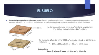 EL SUELO
 Humedad expresada en altura de agua: De un modo semejante a como se expresa el agua caída en
una precipitación, la cantidad de agua en el suelo se puede expresar en longitud de altura de agua.
1mm =0.01dm
1𝑚2
Se tiene una altura de 1mm, el 𝑚2
contiene un volumen:
𝑉 = 10𝑑𝑚 𝑥 10𝑑𝑚 𝑥 0.01𝑑𝑚 = 1𝑑𝑚3
= 1𝑙𝑖𝑡𝑟𝑜
1m
10000 𝑚2
Se tiene una altura de 1mm, 10000 𝑚2
𝑒𝑠 𝑖𝑔𝑢𝑎𝑙 𝑎 1 ℎ𝑒𝑐𝑡á𝑟𝑒𝑎 contiene un
volumen:
𝑉 = 100 𝑚 𝑥 100 𝑚 𝑥 0.001 𝑚 = 10 𝑚3
= 10000 𝑙𝑖𝑡𝑟𝑜𝑠
Se concluye:
𝟏𝒎𝒎 𝒅𝒆 𝒂𝒍𝒕𝒖𝒓𝒂 𝒅𝒆 𝒂𝒈𝒖𝒂 = 𝟏 𝒍𝒊𝒕𝒓𝒐/𝒎𝟐
= 𝟏𝟎 𝒎𝟑
/𝒉𝒂
 