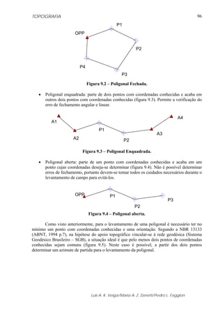 TOPOGRAFIA                                                                                96
                                                 P1
                      OPP


                                                           P2



                           P4
                                                   P3

                                Figura 9.2 – Poligonal Fechada.

   •   Poligonal enquadrada: parte de dois pontos com coordenadas conhecidas e acaba em
       outros dois pontos com coordenadas conhecidas (figura 9.3). Permite a verificação do
       erro de fechamento angular e linear.

                                                                                   A4
          A1
                                      P1
                                                                       A3
                      A2                              P2

                           Figura 9.3 – Poligonal Enquadrada.

   •   Poligonal aberta: parte de um ponto com coordenadas conhecidas e acaba em um
       ponto cujas coordenadas deseja-se determinar (figura 9.4). Não é possível determinar
       erros de fechamento, portanto devem-se tomar todos os cuidados necessários durante o
       levantamento de campo para evitá-los.


                      OPP                   P1
                                                                             P3
                                                           P2
                                Figura 9.4 – Poligonal aberta.

       Como visto anteriormente, para o levantamento de uma poligonal é necessário ter no
mínimo um ponto com coordenadas conhecidas e uma orientação. Segundo a NBR 13133
(ABNT, 1994 p.7), na hipótese do apoio topográfico vincular-se à rede geodésica (Sistema
Geodésico Brasileiro – SGB), a situação ideal é que pelo menos dois pontos de coordenadas
conhecidas sejam comuns (figura 9.5). Neste caso é possível, a partir dos dois pontos
determinar um azimute de partida para o levantamento da poligonal.




                                  Luis A. K. Veiga/Maria A. Z. Zanetti/Pedro L. Faggion
 