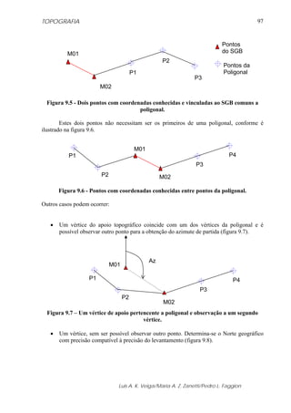 TOPOGRAFIA                                                                              97


                                                                           Pontos
          M01                                                              do SGB
                                                    P2
                                                                            Pontos da
                                        P1                                  Poligonal
                                                               P3
                        M02

  Figura 9.5 - Dois pontos com coordenadas conhecidas e vinculadas ao SGB comuns a
                                      poligonal.

        Estes dois pontos não necessitam ser os primeiros de uma poligonal, conforme é
ilustrado na figura 9.6.


                                         M01
          P1                                                                  P4
                                                                P3
                        P2                          M02

       Figura 9.6 - Pontos com coordenadas conhecidas entre pontos da poligonal.

Outros casos podem ocorrer:


   •   Um vértice do apoio topográfico coincide com um dos vértices da poligonal e é
       possível observar outro ponto para a obtenção do azimute de partida (figura 9.7).



                                               Az
                             M01

                   P1                                                           P4
                                                                  P3
                                   P2
                                                     M02
  Figura 9.7 – Um vértice de apoio pertencente a poligonal e observação a um segundo
                                        vértice.

   •   Um vértice, sem ser possível observar outro ponto. Determina-se o Norte geográfico
       com precisão compatível à precisão do levantamento (figura 9.8).




                               Luis A. K. Veiga/Maria A. Z. Zanetti/Pedro L. Faggion
 