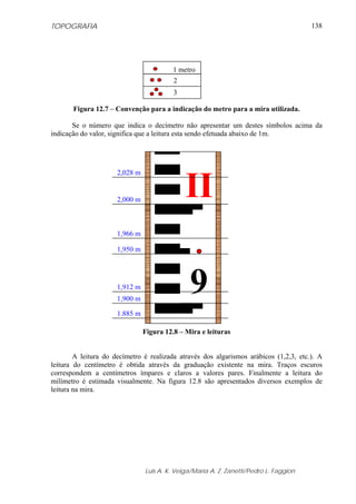 TOPOGRAFIA                                                                              138




                                          1 metro
                                          2
                                          3

       Figura 12.7 – Convenção para a indicação do metro para a mira utilizada.

       Se o número que indica o decímetro não apresentar um destes símbolos acima da
indicação do valor, significa que a leitura esta sendo efetuada abaixo de 1m.




                                              II
                      2,028 m


                      2,000 m



                      1,966 m

                      1,950 m




                      1,912 m
                      1,900 m
                                               9
                      1.885 m

                                Figura 12.8 – Mira e leituras


        A leitura do decímetro é realizada através dos algarismos arábicos (1,2,3, etc.). A
leitura do centímetro é obtida através da graduação existente na mira. Traços escuros
correspondem a centímetros ímpares e claros a valores pares. Finalmente a leitura do
milímetro é estimada visualmente. Na figura 12.8 são apresentados diversos exemplos de
leitura na mira.




                                Luis A. K. Veiga/Maria A. Z. Zanetti/Pedro L. Faggion
 