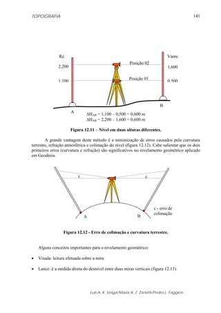 TOPOGRAFIA                                                                                 141




               Ré                                                              Vante
                                                         Posição 02
               2,200                                                           1,600

                                                         Posição 01
               1,100                                                           0,500




                                                                          B
                       A       ΔHAB = 1,100 – 0,500 = 0,600 m
                               ΔHAB = 2,200 – 1,600 = 0,600 m

                       Figura 12.11 – Nível em duas alturas diferentes.

        A grande vantagem deste método é a minimização de erros causados pela curvatura
terrestre, refração atmosférica e colimação do nível (figura 12.12). Cabe salientar que os dois
primeiros erros (curvatura e refração) são significativos no nivelamento geométrico aplicado
em Geodésia.



                           ε                                      ε




                                                                       ε - erro de
                                                                       colimação
                               A                              B


                  Figura 12.12 - Erro de colimação e curvatura terrestre.


    Alguns conceitos importantes para o nivelamento geométrico:

•   Visada: leitura efetuada sobre a mira.

•   Lance: é a medida direta do desnível entre duas miras verticais (figura 12.13).




                                   Luis A. K. Veiga/Maria A. Z. Zanetti/Pedro L. Faggion
 