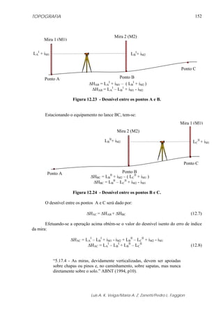 TOPOGRAFIA                                                                                152



                                               Mira 2 (M2)
      Mira 1 (M1)


LAI + iM1                                               LBI+ iM2


                                                                                   Ponto C

      Ponto A                                 Ponto B
                               ΔHAB = LA + iM1 – ( LBI + iM2 )
                                           I

                                ΔHAB = LAI – LB1 + iM1 - iM2

                      Figura 12.23 - Desnível entre os pontos A e B.


       Estacionando o equipamento no lance BC, tem-se:
                                                                                  Mira 1 (M1)
                                                Mira 2 (M2)

                                        LBII+ iM2                                        LCII + iM1



                                                                                    Ponto C

        Ponto A                                  Ponto B
                                ΔHBC = LBII + iM2 – ( LCII + iM1 )
                                 ΔHBC = LBII – LCII + iM2 - iM1

                      Figura 12.24 - Desnível entre os pontos B e C.

       O desnível entre os pontos A e C será dado por:

                              ΔHAC = ΔHAB + ΔHBC                                        (12.7)

       Efetuando-se a operação acima obtém-se o valor do desnível isento do erro de índice
da mira:

                     ΔHAC = LAI – LBI + iM1 - iM2 + LBII – LCII + iM2 - iM1
                             ΔHAC = LAI – LBI + LBII – LCII                             (12.8)


            “5.17.4 - As miras, devidamente verticalizadas, devem ser apoiadas
            sobre chapas ou pinos e, no caminhamento, sobre sapatas, mas nunca
            diretamente sobre o solo.” ABNT (1994, p10).




                                Luis A. K. Veiga/Maria A. Z. Zanetti/Pedro L. Faggion
 