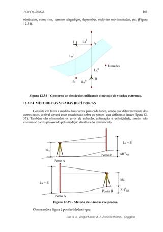 TOPOGRAFIA                                                                                161

obstáculos, como rios, terrenos alagadiços, depressões, rodovias movimentadas, etc. (Figura
12.34).




                                       I      LAI
                                                       A


                                    LBI

                                                                  Estações
                                                       LAII

                                                       II
                                      B      LBII



    Figura 12.34 – Contorno de obstáculos utilizando o método de visadas extremas.

12.2.2.4 MÉTODO DAS VISADAS RECÍPROCAS

       Consiste em fazer a medida duas vezes para cada lance, sendo que diferentemente dos
outros casos, o nível deverá estar estacionado sobre os pontos que definem o lance (figura 12.
35). Também são eliminados os erros de refração, colimação e esfericidade, porém não
elimina-se o erro provocado pela medição da altura do instrumento.




                                                                              LB + E

                hiA
                                                              Ponto B        ΔHAAB

                       Ponto A




                                                                             hiB
            LA + E

                                                              Ponto B        ΔHBBA
                        Ponto A
                      Figura 12.35 – Método das visadas recíprocas.

       Observando a figura é possível deduzir que:

                                  Luis A. K. Veiga/Maria A. Z. Zanetti/Pedro L. Faggion
 