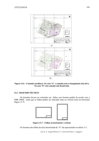 TOPOGRAFIA                                                                            169




                                           a)




                                          b)

Figura 13.6 – Camadas auxiliares. No caso “a” a camada com a triangulação está ativa.
                     No caso “b” esta camada está desativada.


13.2 - DESENHO TÉCNICO

        Os desenhos devem ser realizados em folhas com formato padrão de acordo com a
NBR 10068, sendo que as folhas podem ser utilizadas tanto na vertical como na horizontal
(figura 13.7).




                     Figura 13.7 – Folhas na horizontal e vertical.

      Os formatos das folhas da série denominada de “A” são apresentados na tabela 13.1.

                              Luis A. K. Veiga/Maria A. Z. Zanetti/Pedro L. Faggion
 