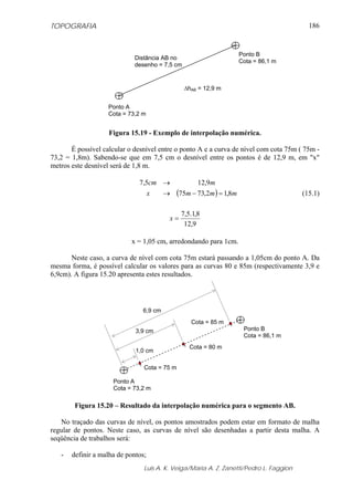 TOPOGRAFIA                                                                                186


                                                                      Ponto B
                             Distância AB no
                                                                      Cota = 86,1 m
                             desenho = 7,5 cm


                                                ΔhAB = 12,9 m


                    Ponto A
                    Cota = 73,2 m


                    Figura 15.19 - Exemplo de interpolação numérica.

       É possível calcular o desnível entre o ponto A e a curva de nível com cota 75m ( 75m -
73,2 = 1,8m). Sabendo-se que em 7,5 cm o desnível entre os pontos é de 12,9 m, em "x"
metros este desnível será de 1,8 m.

                              7,5cm →                12,9m
                                    x    →    (75m − 73,2m ) = 1,8m                     (15.1)

                                               7,5.1,8
                                         x=
                                                12,9

                            x = 1,05 cm, arredondando para 1cm.

       Neste caso, a curva de nível com cota 75m estará passando a 1,05cm do ponto A. Da
mesma forma, é possível calcular os valores para as curvas 80 e 85m (respectivamente 3,9 e
6,9cm). A figura 15.20 apresenta estes resultados.




                                6,9 cm
                                                   Cota = 85 m
                             3,9 cm                                    Ponto B
                                                                       Cota = 86,1 m
                                                  Cota = 80 m
                             1,0 cm

                                Cota = 75 m

                     Ponto A
                     Cota = 73,2 m

        Figura 15.20 – Resultado da interpolação numérica para o segmento AB.

   No traçado das curvas de nível, os pontos amostrados podem estar em formato de malha
regular de pontos. Neste caso, as curvas de nível são desenhadas a partir desta malha. A
seqüência de trabalhos será:

   -   definir a malha de pontos;
                                Luis A. K. Veiga/Maria A. Z. Zanetti/Pedro L. Faggion
 