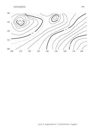 TOPOGRAFIA                                                                         189


140

                                                               765
                770
130


                                                                          760
120
                               765




110

                                                                                755

100
      100       110      120         130        140         150         160           170     180




                                      Luis A. K. Veiga/Maria A. Z. Zanetti/Pedro L. Faggion
 