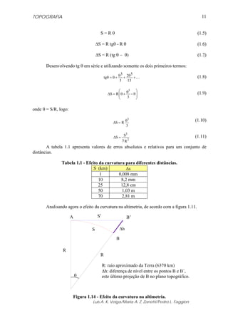 TOPOGRAFIA                                                                                        11


                                         S=Rθ                                                   (1.5)

                                       ΔS = R tgθ - R θ                                         (1.6)

                                       ΔS = R (tg θ − θ)                                        (1.7)

       Desenvolvendo tg θ em série e utilizando somente os dois primeiros termos:
                                                         3   5
                                             tgθ = θ + θ + 2θ + K                               (1.8)
                                                        3  15

                                                       ⎛    θ3   ⎞
                                                ΔS = R ⎜ θ + − θ ⎟                              (1.9)
                                                       ⎜    3    ⎟
                                                       ⎝         ⎠

onde θ = S/R, logo:

                                                   ΔS = R
                                                              θ3                               (1.10)
                                                              3

                                                           S3                                  (1.11)
                                                   ΔS =
                                                          3 R2
       A tabela 1.1 apresenta valores de erros absolutos e relativos para um conjunto de
distâncias.

               Tabela 1.1 - Efeito da curvatura para diferentes distâncias.
                                S (km)          Δs
                                   1        0,008 mm
                                  10         8,2 mm
                                  25         12,8 cm
                                  50          1,03 m
                                  70          2,81 m

       Analisando agora o efeito da curvatura na altimetria, de acordo com a figura 1.11.

                      A                 S’                    B’

                                   S                     Δh

                                                     B

                R
                                         R

                                             R: raio aproximado da Terra (6370 km)
                                             Δh: diferença de nível entre os pontos B e B´,
                          θ                  este último projeção de B no plano topográfico.



                          Figura 1.14 - Efeito da curvatura na altimetria.
                                    Luis A. K. Veiga/Maria A. Z. Zanetti/Pedro L. Faggion
 