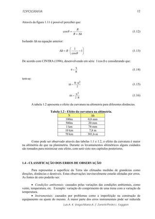 TOPOGRAFIA                                                                                         12


Através da figura 1.11 é possível perceber que:

                                               R
                                    cosθ =                                                   (1.12)
                                             R + Δh

Isolando Δh na equação anterior:

                                          ⎛ 1       ⎞
                                 Δh = R ⋅ ⎜      − 1⎟                                        (1.13)
                                          ⎝ cosθ    ⎠

De acordo com CINTRA (1996), desenvolvendo em série 1/cos θ e considerando que:

                                                 S
                                          θ=                                                 (1.14)
                                                 R

tem-se:
                                                R ⋅ θ2
                                        Δh =                                                 (1.15)
                                                  2

                                                S2
                                         Δh =                                                (1.16)
                                                2⋅R

          A tabela 1.2 apresenta o efeito da curvatura na altimetria para diferentes distâncias.

                         Tabela 1.2 - Efeito da curvatura na altimetria.
                                       S                Δh
                                     100m             0,8 mm
                                     500m             20 mm
                                     1 km             78 mm
                                    10 km              7,8 m
                                    70 km            381,6 m

        Como pode ser observado através das tabelas 1.1 e 1.2, o efeito da curvatura é maior
na altimetria do que na planimetria. Durante os levantamentos altimétricos alguns cuidados
são tomados para minimizar este efeito, com será visto nos capítulos posteriores.



1.4 - CLASSIFICAÇÃO DOS ERROS DE OBSERVAÇÃO

       Para representar a superfície da Terra são efetuadas medidas de grandezas como
direções, distâncias e desníveis. Estas observações inevitavelmente estarão afetadas por erros.
As fontes de erro poderão ser:

        • Condições ambientais: causados pelas variações das condições ambientais, como
vento, temperatura, etc. Exemplo: variação do comprimento de uma trena com a variação da
temperatura.
        • Instrumentais: causados por problemas como a imperfeição na construção de
equipamento ou ajuste do mesmo. A maior parte dos erros instrumentais pode ser reduzida
                                    Luis A. K. Veiga/Maria A. Z. Zanetti/Pedro L. Faggion
 