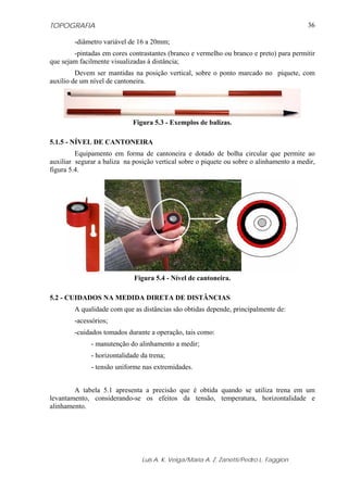 TOPOGRAFIA                                                                                36

        -diâmetro variável de 16 a 20mm;
        -pintadas em cores contrastantes (branco e vermelho ou branco e preto) para permitir
que sejam facilmente visualizadas à distância;
         Devem ser mantidas na posição vertical, sobre o ponto marcado no piquete, com
auxílio de um nível de cantoneira.




                             Figura 5.3 - Exemplos de balizas.

5.1.5 - NÍVEL DE CANTONEIRA
         Equipamento em forma de cantoneira e dotado de bolha circular que permite ao
auxiliar segurar a baliza na posição vertical sobre o piquete ou sobre o alinhamento a medir,
figura 5.4.




                             Figura 5.4 - Nível de cantoneira.

5.2 - CUIDADOS NA MEDIDA DIRETA DE DISTÂNCIAS
        A qualidade com que as distâncias são obtidas depende, principalmente de:
        -acessórios;
        -cuidados tomados durante a operação, tais como:
              - manutenção do alinhamento a medir;
              - horizontalidade da trena;
              - tensão uniforme nas extremidades.


        A tabela 5.1 apresenta a precisão que é obtida quando se utiliza trena em um
levantamento, considerando-se os efeitos da tensão, temperatura, horizontalidade e
alinhamento.




                                Luis A. K. Veiga/Maria A. Z. Zanetti/Pedro L. Faggion
 