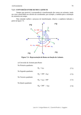 TOPOGRAFIA                                                                                  79

7.2.3 - CONVERSÃO ENTRE RUMO E AZIMUTE
        Sempre que possível é recomendável a transformação dos rumos em azimutes, tendo
em vista a praticidade nos cálculos de coordenadas, por exemplo, e também para a orientação
de estruturas em campo.
        Para entender melhor o processo de transformação, observe a seqüência indicada a
partir da figura 7.4.
                                              N              1ºQ
                          4ºQ
                                                               1
                             4
                                    R4 = 360º - Az4
                                                          R1 = Az1



                                         Az4

                     W                                             Az2                E
                                           Az3
                                                                            2
                             R3 = Az3 - 180º
                                                          R2 = 180º - Az2



                                   3                                            2ºQ
                       3ºQ                            S

              Figura 7.4 - Representação do Rumo em função do Azimute.


         a) Conversão de Azimute para Rumo
         No Primeiro quadrante:
                                          R1 = Az1                                        (7.1)
         No Segundo quadrante:
                                          R2 = 180º - Az2                                 (7.2)
         No Terceiro quadrante:
                                          R3 = Az3 - 180º                                 (7.3)
         No Quarto quadrante:
                                          R4 = 360º - Az4                                 (7.4)




                                  Luis A. K. Veiga/Maria A. Z. Zanetti/Pedro L. Faggion
 