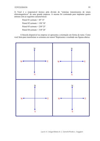 TOPOGRAFIA                                                                                 81

2) Você é o responsável técnico pela divisão de “sistemas transmissores de sinais
eletromagnéticos” de uma grande empresa. A mesma foi contratada para implantar quatro
antenas com as seguintes características:
         Painel 01 azimute = 45º 15’
         Painel 02 azimute = 156º 30’
         Painel 03 azimute = 230º 25’
         Painel 04 azimute = 310º 20’

       A bússola disponível na empresa só apresenta a orientação em forma de rumo. Como
você faria para transformar os azimutes em rumos? Represente o resultado nas figuras abaixo.




                       N                                             N




       W                                E           W                                  E




                       S                                             S




                       N                                             N




       W                                E           W                                  E




                        S                                             S




                               Luis A. K. Veiga/Maria A. Z. Zanetti/Pedro L. Faggion
 