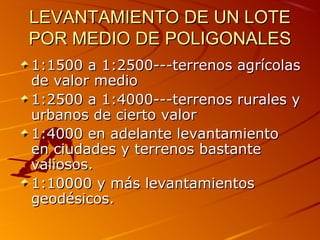 LEVANTAMIENTO DE UN LOTELEVANTAMIENTO DE UN LOTE
POR MEDIO DE POLIGONALESPOR MEDIO DE POLIGONALES
1:1500 a 1:2500---terrenos agrícolas1:1500 a 1:2500---terrenos agrícolas
de valor mediode valor medio
1:2500 a 1:4000---terrenos rurales y1:2500 a 1:4000---terrenos rurales y
urbanos de cierto valorurbanos de cierto valor
1:4000 en adelante levantamiento1:4000 en adelante levantamiento
en ciudades y terrenos bastanteen ciudades y terrenos bastante
valiosos.valiosos.
1:10000 y más levantamientos1:10000 y más levantamientos
geodésicos.geodésicos.
 