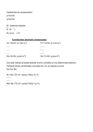 Coeficientes de compensación:
p=Cx/ΣDr
q=Cy/ΣDr

Dr : distancia reducida
D : Dr.

2

N= (p+q)

2 /2

Coordenadas absolutas compensadas:
X1= Xa+Dr. (p +sen θA1)

Y1= Ya+Dr. (q +cos θA1)

…..

……..

…..

........

….

........

Xa= Xn+Dr. (p.sen θnA)

Ya= Yn+Dr. (q.cos θnA)

Con este método se puede detectar el error cometido en una determinada estación:
Partiendo de las coordenadas conocidas Xa, Ya, se calcula su suma:
Xa+Ya= Ma
M1= Ma + D [ N + sen(θA1+50)]= X1+Y1
........
.......
Ma= Mn + D [ N + sen(θNA+50)]= XA+YA

 