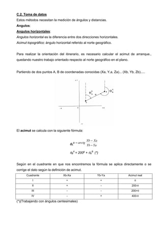 C.2. Toma de datos
Estos métodos necesitan la medición de ángulos y distancias.
Angulos:
Angulos horizontales:
Angulos horizontal es la diferencia entre dos direcciones horizontales.
Acimut topográfico: ángulo horizontal referido al norte geográfico.

Para realizar la orientación del itinerario, es necesario calcular el acimut de arranque.,
quedando nuestro trabajo orientado respecto al norte geográfico en el plano.

Partiendo de dos puntos A, B de coordenadas conocidas (Xa, Y,a, Za)... (Xb, Yb, Zb).....

El acimut se calcula con la siguiente fórmula:

Xb − Xa

θAB = arctg Yb − Ya

θBA = 200g + θAB (*)
Según en el cuadrante en que nos encontremos la fórmula se aplica directamente o se
corrige el dato según la definición de acimut.
Cuadrante

Xb-Xa

Yb-Ya

Acimut real

I

+

+

θ

II

+

-

200-θ

III

-

-

200+θ

IV

-

+

400-θ

(*)(Trabajando con ángulos centesimales)

 