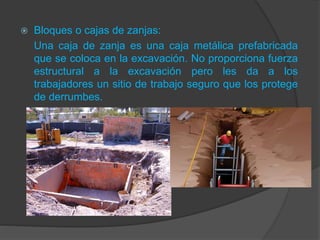  Bloques o cajas de zanjas:
Una caja de zanja es una caja metálica prefabricada
que se coloca en la excavación. No proporciona fuerza
estructural a la excavación pero les da a los
trabajadores un sitio de trabajo seguro que los protege
de derrumbes.
 