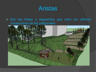 Aristas
 Son las líneas o segmentos que unen los vértices
consecutivos de las poligonales.
 
