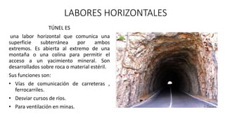 LABORES HORIZONTALES
TÚNEL ES
una labor horizontal que comunica una
superficie subterránea por ambos
extremos. Es abierta al extremo de una
montaña o una colina para permitir el
acceso a un yacimiento mineral. Son
desarrollados sobre roca o material estéril.
Sus funciones son:
• Vías de comunicación de carreteras ,
ferrocarriles.
• Desviar cursos de ríos.
• Para ventilación en minas.
 