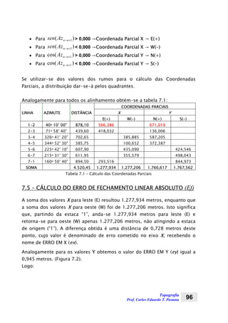 Topografia
Prof. Carlos Eduardo T. Pastana 96
• Para )( 1+−nnAzsen > 0,000 →Coordenada Parcial X → E(+)
• Para )( 1+−nnAzsen < 0,000 →Coordenada Parcial X → W(-)
• Para )cos( 1+−nnAz > 0,000 →Coordenada Parcial Y → N(+)
• Para )cos( 1+−nnAz < 0,000 →Coordenada Parcial Y → S(-)
Se utilizar-se dos valores dos rumos para o cálculo das Coordenadas
Parciais, a distribuição dar-se-á pelos quadrantes.
Analogamente para todos os alinhamento obtém-se a tabela 7.1:
COORDENADAS PARCIAIS
LINHA AZIMUTE DISTÂNCIA X Y
E(+) W(-) N(+) S(-)
1-2 40o 10’ 00” 878,10 566,386 671,019
2-3 71o 58’ 40” 439,60 418,032 136,006
3-4 326o 41’ 20” 702,65 385,885 587,205
4-5 344o 52’ 30” 385,75 100,652 372,387
5-6 225o 42’ 10” 607,90 435,090 424,546
6-7 215o 31’ 30” 611,95 355,579 498,043
7-1 160o 50’ 40” 894,50 293,516 844,973
SOMA 4.520,45 1.277,934 1.277,206 1.766,617 1.767,562
Tabela 7.1 – Cálculo das Coordenadas Parciais
7.5 – CÁLCULO DO ERRO DE FECHAMENTO LINEAR ABSOLUTO (Ef)
A soma dos valores X para leste (E) resultou 1.277,934 metros, enquanto que
a soma dos valores X para oeste (W) foi de 1.277,206 metros. Isto significa
que, partindo da estaca “1”, anda-se 1.277,934 metros para leste (E) e
retorna-se para oeste (W) apenas 1.277,206 metros, não atingindo a estaca
de origem (“1”). A diferença obtida é uma distância de 0,728 metros deste
ponto, cujo valor é denominado de erro cometido no eixo X, recebendo o
nome de ERRO EM X (ex).
Analogamente para os valores Y obtemos o valor do ERRO EM Y (ey) igual a
0,945 metros. (Figura 7.2).
Logo:
 
