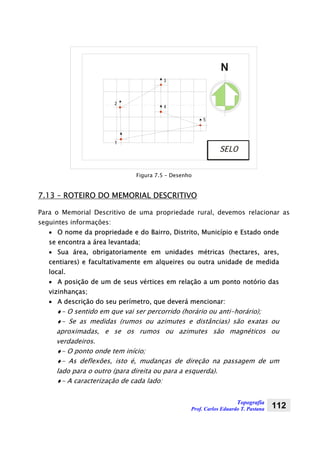 Topografia
Prof. Carlos Eduardo T. Pastana 112
N
1
2
3
4
5
SELO
Figura 7.5 – Desenho
7.13 – ROTEIRO DO MEMORIAL DESCRITIVO
Para o Memorial Descritivo de uma propriedade rural, devemos relacionar as
seguintes informações:
• O nome da propriedade e do Bairro, Distrito, Município e Estado onde
se encontra a área levantada;
• Sua área, obrigatoriamente em unidades métricas (hectares, ares,
centiares) e facultativamente em alqueires ou outra unidade de medida
local.
• A posição de um de seus vértices em relação a um ponto notório das
vizinhanças;
• A descrição do seu perímetro, que deverá mencionar:
♦- O sentido em que vai ser percorrido (horário ou anti-horário);
♦- Se as medidas (rumos ou azimutes e distâncias) são exatas ou
aproximadas, e se os rumos ou azimutes são magnéticos ou
verdadeiros.
♦- O ponto onde tem início;
♦- As deflexões, isto é, mudanças de direção na passagem de um
lado para o outro (para direita ou para a esquerda).
♦- A caracterização de cada lado:
 