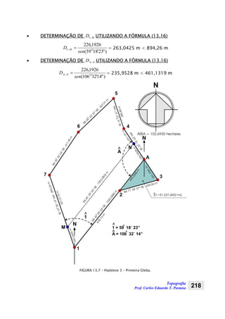 Topografia
Prof. Carlos Eduardo T. Pastana 218
• DETERMINAÇÃO DE MD −1 UTILIZANDO A FÓRMULA (13.16)
)"23'1859(
1926,226
1 OM
sen
D =− = 263,0425 m < 894,26 m
• DETERMINAÇÃO DE NAD − UTILIZANDO A FÓRMULA (13.16)
)"14'32106(
1926,226
ONA
sen
D =− = 235,9528 m < 461,1319 m
7
2
3
46
1
5
N
SE1507’31”NW
SE1909’19”NW-894,26m
385,85m
225,1791m
SW
09’04”NE-1320,3885
m
40o
o
SW 71 58’ 07” NE - 439,50 m
o
SW
35
32’24”NE-611,90m
o
o
SW
45
43’ 07” NE
- 607,91
m
o
ÁREA = 102,6930 hectares.
A
S1=51.237,4652 m2.
N
N
1
^
A^
1 = 59 18´ 23”
^ o
A = 106 32´ 14”
o
^
878,13
m
442,2585m
M
N
SE33
18’42”NW
o
241,7081m
235,9528m
SW
09’04”NE-1253,2804
m
40
263,0425m
631,2175m
FIGURA 13.7 – Hipótese 3 – Primeira Gleba.
 