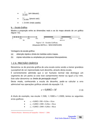 Topografia
Prof. Carlos Eduardo T. Pastana 16
•
000.20
1
(em desuso).
•
000.20
1 (pouco uso).
• 000.20:1 (mais usada).
b. – Escala Gráfica
Mostra a proporção entre as dimensões reais e as do mapa através de um gráfico
(figura 1.6).
Figura 1.6 – Escalas Gráficas.
(Adaptado BAITELLI / WESCHENFELDER)
Vantagens da escala gráfica:
(a) obtenção rápida e direta de medidas sobre mapas.
(b) cópias reduzidas ou ampliadas por processos fotocopiadores.
1.2.6. PRECISÃO GRÁFICA
Denomina-se de precisão gráfica de uma escala como sendo a menor grandeza
susceptível de ser representada num desenho, através desta escala.
É correntemente admitido que o ser humano normal não distingue um
segmento de um ponto se este tiver comprimento menor ou igual a 0,2 mm.
Este valor denomina-se limite de percepção visual. 6
Deste modo, conhecendo a escala do desenho, pode-se calcular o erro
admissível nas operações gráficas através da equação 1.6.
Me ×= 0002,0 (1.6)
A título de exemplo, nas escala 1/500, 1/1000 e 1/2000, temos os seguintes
erros gráficos:
• cmme 1010,05000002,01 ==×=
• cmme 2020,010000002,02 ==×=
• cmme 4040,020000002,03 ==×=
6 António Pestana – Elementos de Topografia – Volume 1 – 2006.
 