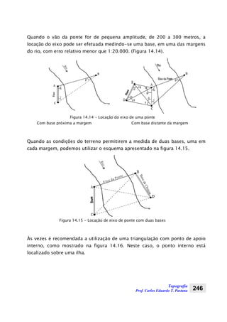 Topografia
Prof. Carlos Eduardo T. Pastana 246
Quando o vão da ponte for de pequena amplitude, de 200 a 300 metros, a
locação do eixo pode ser efetuada medindo-se uma base, em uma das margens
do rio, com erro relativo menor que 1:20.000. (Figura 14.14).
Figura 14.14 - Locação do eixo de uma ponte
Com base próxima a margem Com base distante da margem
Quando as condições do terreno permitirem a medida de duas bases, uma em
cada margem, podemos utilizar o esquema apresentado na figura 14.15.
Figura 14.15 - Locação de eixo de ponte com duas bases
Às vezes é recomendada a utilização de uma triangulação com ponto de apoio
interno, como mostrado na figura 14.16. Neste caso, o ponto interno está
localizado sobre uma ilha.
 