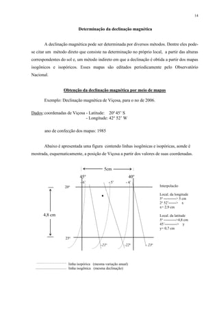 14 
Determinação da declinação magnética 
A declinação magnética pode ser determinada por diversos métodos. Dentre eles pode-se 
citar um método direto que consiste na determinação no próprio local, a partir das alturas 
correspondentes do sol e, um método indireto em que a declinação é obtida a partir dos mapas 
isogônicos e isopóricos. Esses mapas são editados periodicamente pelo Observatório 
Nacional. 
Obtenção da declinação magnética por meio de mapas 
Exemplo: Declinação magnética de Viçosa, para o no de 2006. 
Dados: coordenadas de Viçosa - Latitude: 20o 45’ S 
- Longitude: 42o 52’ W 
ano de confecção dos mapas: 1985 
Abaixo é apresentada uma figura contendo linhas isogônicas e isopóricas, aonde é 
mostrada, esquematicamente, a posição de Viçosa a partir dos valores de suas coordenadas. 
5cm 
45o 40o 
4,8 cm 
- 6’ - 5’ - 4’ 
-21o -22o - 23o 
20o 
linha isopórica (mesma variação anual) 
linha isogônica (mesma declinação) 
Interpolacão 
Local. da longitude 
5o ----------> 5 cm 
2o 52’------> x 
x= 2,9 cm 
Local. da latitude 
5o ---------->4,8 cm 
45’----------> y 
y= 0,7 cm 
25o 
 
 