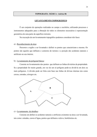 24 
TOPOGRAFIA BÁSICA - teórica 06 
LEVANTAMENTO TOPOGRÁFICO 
É um conjunto de operações realizadas no campo e escritório, utilizando processos e 
instrumentos adequados para a obtenção de todos os elementos necessários à representação 
geométrica de uma parte da superfície terrestre. 
Na execução de um levantamento topográfico podemos considerar três fases: 
a) - Reconhecimento da área: 
Percorrer a região a ser levantada e definir os pontos que caracterizam a mesma. Os 
pontos são aqueles que definem o contorno do terreno e a posição dos acidentes naturais e 
artificiais no seu interior. 
b) - Levantamento da poligonal básica: 
Consiste no levantamento dos pontos que definem as linhas divisórias da propriedade. 
Se a propriedade for muito grande, em vez de um só polígono pode-se dividi-la em dois ou 
mais polígonos. A divisão pode ser feita com base nas linhas de divisas internas tais como 
cercas, estradas, córregos etc. 
B 
A 
C 
c) - Levantamento de detalhes: 
Consiste em definir os acidentes naturais e artificiais existentes na área a ser levantada, 
tais como: estradas, cursos d’água, pontos que definem o relevo, benfeitorias etc. 
 
