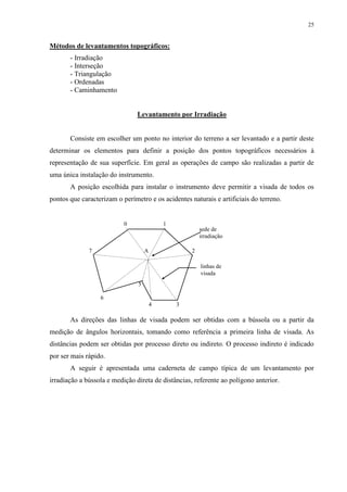 25 
Métodos de levantamentos topográficos: 
- Irradiação 
- Interseção 
- Triangulação 
- Ordenadas 
- Caminhamento 
Levantamento por Irradiação 
Consiste em escolher um ponto no interior do terreno a ser levantado e a partir deste 
determinar os elementos para definir a posição dos pontos topográficos necessários à 
representação de sua superfície. Em geral as operações de campo são realizadas a partir de 
uma única instalação do instrumento. 
A posição escolhida para instalar o instrumento deve permitir a visada de todos os 
pontos que caracterizam o perímetro e os acidentes naturais e artificiais do terreno. 
sede de 
irradiação 
0 1 
7 A 2 
6 
4 3 
5 
linhas de 
visada 
As direções das linhas de visada podem ser obtidas com a bússola ou a partir da 
medição de ângulos horizontais, tomando como referência a primeira linha de visada. As 
distâncias podem ser obtidas por processo direto ou indireto. O processo indireto é indicado 
por ser mais rápido. 
A seguir é apresentada uma caderneta de campo típica de um levantamento por 
irradiação a bússola e medição direta de distâncias, referente ao polígono anterior. 
 