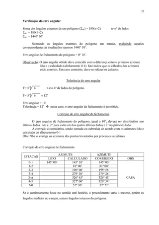 32 
Verificação do erro angular 
Soma dos ângulos externos de um polígono (ae) = 180(n+2) n=nº de lados 
ae = 180(6+2) 
ae = 1440º 00’ 
Somando os ângulos externos do polígono em estudo, excluindo aqueles 
correspondentes às irradiações teremos 1440º 10’. 
Erro angular de fechamento do polígono = 0º 10’. 
Observação: O erro angular obtido deve coincidir com a diferença entre o primeiro azimute 
lido e o calculado (alinhamento 0-1). Isto indica que os cálculos dos azimutes 
estão corretos. Em caso contrário, deve-se refazer os cálculos. 
Tolerância do erro angular 
T= 5’ n n é o nº de lados do polígono. 
T= 5’ 6  12’ 
Erro angular = 10’ 
Tolerância = 12’  neste caso, o erro angular de fechamento é permitido. 
Correção do erro angular de fechamento 
O erro angular de fechamento do polígono, igual a 10’, deverá ser distribuídos nos 
últimos lados. Isto é, 2’ para cada um dos quatro últimos lados e 2’ no primeiro lado. 
A correção é cumulativa, sendo somada ou subtraída de acordo com os azimutes lido e 
calculado do alinhamento 0-1 
Obs: Não se corrige os azimutes dos pontos levantados por processos auxiliares 
Correção do erro angular de fechamento 
ESTACAS 
AZIMUTE AZIMUTE 
LIDO CALCULADO CORRIGIDO OBS 
0-1 145º 00’ 145º 10’ 145º 00’ 
1-2 81º 00’ 81º 00’ 
2-3 196º 00’ 195º 58’ 
3-4 279º 30’ 279º 26’ 
3-A 326º 45’ 326º 45’ CASA 
4-5 327º 00’ 326º 54’ 
5-0 57º 30’ 57º 22’ 
Se o caminhamento fosse no sentido anti-horário, o procedimento seria o mesmo, porém os 
ângulos medidos no campo, seriam ângulos internos do polígono. 
 