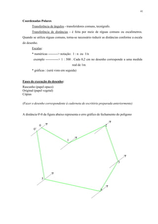 41 
Coordenadas Polares 
Transferência de ângulos - transferidores comuns, tecnígrafo. 
Transferência de distâncias - é feita por meio de réguas comuns ou escalímetros. 
Quando se utiliza réguas comuns, torna-se necessário reduzir as distâncias conforme a escala 
do desenho. 
Escalas: 
* numéricas ---------> notação: 1 : n ou 1/n 
exemplo ------------> 1 : 500 . Cada 0,2 cm no desenho corresponde a uma medida 
real de 1m 
* gráficas : (será visto em seguida) 
Fases de execução do desenho: 
Rascunho (papel opaco) 
Original (papel vegetal) 
Cópias 
(Fazer o desenho correspondente à caderneta de escritório preparada anteriormente) 
A distância 0'-0 da figura abaixo representa o erro gráfico de fechamento do polígono 
0 2 
0’ 
1 
3 
5 
6 
 