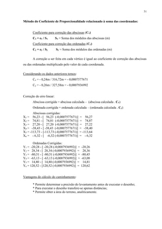 51 
Método do Coeficiente de Proporcionalidade relacionado à soma das coordenadas: 
Coeficiente para correção das abscissas (Cx) 
Cx = ex / Sx Sx = Soma dos módulos das abscissas (m) 
Coeficiente para correção das ordenadas (Cy) 
Cy = ey / Sy Sy = Soma dos módulos das ordenadas (m) 
A correção a ser feita em cada vértice é igual ao coeficiente de correção das abscissas 
ou das ordenadas multiplicado pelo valor de cada coordenada. 
Considerando os dados anteriores temos: 
Cx = - 0,24m / 316,72m = - 0,0007577671 
Cy = - 0,26m / 327,58m = - 0,0007936992 
Correção do erro linear: 
Abscissa corrigida = abscissa calculada – (abscissa calculada . Cx) 
Ordenada corrigida = ordenada calculada – (ordenada calculada . Cy) 
Abscissas corrigidas: 
X1 = 56,23 - [ 56,23 (-0,0007577671)] = 56,27 
X2 = 74,81 - [ 74,81 (-0,0007577671)] = 74,87 
X3 = 27,20 - [ 27,20 (-0,0007577671)] = 27,22 
X4 = -38,43 - [ -38,43 (-0,0007577671)] = -38,40 
X5 = -113,73 - [-113,73 (-0,0007577671)] = -113,64 
Xo = - 6,32 - [ -6,32 (-0,0007577671)] = - 6,32 
Ordenadas Corrigidas: 
Y1 = -20,28 - [ -20,28 (-0,0007936992)] = -20,26 
Y2 = 28,34 - [ 28,34 (-0,0007936992)] = 28,36 
Y3 = -80,51 - [ -80,51 (-0,0007936992)] = -80,45 
Y4 = -63,13 - [ -63,13 (-0,0007936992)] = -63,08 
Y5 = 14,80 - [ 14,80 (-0,0007936992)] = 14,81 
Yo = 120,52 - [120,52 (-0,0007936992)] = 120,62 
Vantagens do cálculo do caminhamento: 
* Permite determinar a precisão do levantamento antes de executar o desenho; 
* Para executar o desenho transfere-se apenas distâncias; 
* Permite obter a área do terreno, analiticamente. 
 