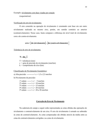 60 
Exemplo: nivelamento com duas visadas por estação 
(esquematizar) 
Verificação do erro de nivelamento: 
O erro cometido na operação de nivelamento é constatado com base em um outro 
nivelamento realizado no mesmo eixo, porém, em sentido contrário ao anterior 
(contranivelamento). Nesse caso, basta comparar a diferença de nível total do nivelamento 
com a do contra-nivelamento. 
erro = dn (nivelamento) - dn (contra-nivelamento) 
Tolerância do erro de nivelamento: 
k c2 T  
T = tolerância (mm) 
c = grau de precisão do nivelamento (mm/km) 
k = comprimento do eixo (km) 
Classificação do Nivelamento Geométrico: 
a) Alta precisão -----------> c = 1,5 a 2,5 mm/km 
b) Nivelamento de precisão: 
1a ordem ------> c = 5 mm/km 
2a ordem ------> c = 10 mm/km 
3a ordem ------> c = 15 mm/km 
4a ordem ------> c = 20 mm/km 
5a ordem ------> c = 20 a 50 mm/km 
Correção do Erro de Nivelamento 
Na caderneta de campo a seguir estão representadas as cotas obtidas das operações de 
nivelamento e contranivelamento de um eixo. O erro de nivelamento é somado ou subtraído 
às cotas do contranivelamento. As cotas compensadas são obtidas através da média entre as 
cotas do contranivelamento corrigidas e as cotas do nivelamento. 
 