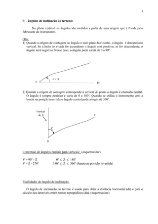 8 
b) - ângulos de inclinação do terreno: 
No plano vertical, os ângulos são medidos a partir de uma origem que é fixada pelo 
fabricante do instrumento. 
Obs: 
1) Quando a origem de contagem do ângulo é num plano horizontal, o ângulo é denominado 
vertical. Se a linha de visada for ascendente o ângulo será positivo, se for descendente, o 
ângulo será negativo. Nesse caso, o ângulo pode variar de 0 a 90o. 
 (+) 
1 
0 PH 
2) Quando a origem de contagem corresponde à vertical do ponto o ângulo é chamado zenital. 
O ângulo é sempre positivo e varia de 0 a 180o. Quando se utiliza o instrumento com a 
luneta na posição invertida o ângulo zenital pode atingir até 360o. 
Vertical 
de 0 1 
Z 
0 
Conversão de ângulos zenitais para verticais: (esquematizar) 
V = 90o - Z 0o  Z  180o 
V = Z - 270o 180o  Z  360o (luneta na posição invertida) 
Finalidades do ângulo de inclinação: 
O ângulo de inclinação do terreno é usado para obter a distância horizontal (dr) e para o 
cálculo dos desníveis entre pontos topográficos (dn). (esquematizar) 
 