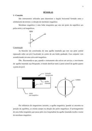 9 
BÚSSOLAS 
1 - Conceito: 
São instrumentos utilizados para determinar o ângulo horizontal formado entre o 
alinhamento do terreno e a direção do meridiano magnético. 
Meridiano magnético é uma linha imaginária que une um ponto da superfície aos 
polos norte e sul magnéticos. 
MM 
Constituição: 
B 
 
A  
As bússolas são constituídas de uma agulha imantada que tem sua parte central 
repousada sobre um pivô localizado no centro de um limbo graduado. Esse conjunto vem 
acondicionado em uma caixa anti-magnética. 
Obs.: Recomenda-se que, quando o instrumento não estiver em serviço, o movimento 
da agulha imantada seja bloqueado, evitando danificar tanto a parte central da agulha quanto 
a ponta do pivô. 
proteção 
transparente 
N S N 
O E 
S 
pivô 
agulha 
imantada 
LIMBO 
estojo 
anti-magnético 
Por influência do magnetismo terrestre, a agulha magnética, quando se encontra na 
posição de equilíbrio, se orienta sempre na direção dos polos magnéticos. O prolongamento 
de uma linha imaginária que passa pelo eixo longitudinal da agulha imantada recebe o nome 
de meridiano magnético. 
 