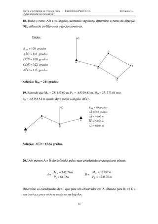 ESCOLA SUPERIOR DE TECNOLOGIA EXERCÍCIOS PROPOSTOS TOPOGRAFIA 
UNIVERSIDADE DO ALGARVE 
18. Dado o rumo AB e os ângulos azimutais seguintes, determine o rumo da direcção 
DE, utilizando os diferentes trajectos possíveis. 
12 
Dados: 
108 
= 
R grados AB 
ˆ = 
111 
ABC grados 
ˆ 100 
= 
DCB grados 
ˆ = 
322 
CDE grados 
ˆ = 
133 
BED grados 
Solução: RDE = 241 grados. 
19. Sabendo que MA = 231457.60 m, PA = -65319.43 m, MD = 231373.84 m e 
PD = -65355.54 m quanto deve medir o ângulo BCˆD. 
Solução: BCˆD= 67.36 grados. 
50 
= 
) 
RBA grados 
83 
= 
CBA grados 
40.00 
= 
AB m 
50.00 
= 
BC m 
60.00 
= 
CD m 
20. Dois pontos A e B são definidos pelas suas coordenadas rectangulares planas: 
î í ì 
= 
342.74 
M m 
= 
= 
P m 
A 
A 
A 
84.35 
B 
M m 
B 
P m 
B 
= 
= 
= - 
ìíî 
13587 
. 
24170 
. 
Determine as coordenadas de C, que para um observador em A olhando para B, vê C à 
sua direita, e para onde se mediram os ângulos: 
 