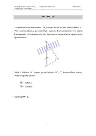 ESCOLA SUPERIOR DE TECNOLOGIA EXERCÍCIOS PROPOSTOS TOPOGRAFIA 
UNIVERSIDADE DO ALGARVE 
DISTÂNCIAS 
1. Pretende-se medir uma distância AB , com uma fita de aço, mas entre os pontos “A” 
e “B” passa uma ribeira, o que torna difícil a marcação de um alinhamento. Com a ajuda 
de um esquadro e aplicando os princípios da geometria plana resolve-se o problema, da 
seguinte maneira: 
Calcule a distância AB , sabendo que as distâncias BC , CD foram medidas, tendo-se 
obtido os seguintes valores: 
1 
BC = 14.828 m 
CD = 25.173 m. 
Solução: 27.907 m. 
 