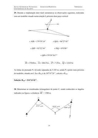 ESCOLA SUPERIOR DE TECNOLOGIA EXERCÍCIOS PROPOSTOS TOPOGRAFIA 
UNIVERSIDADE DO ALGARVE 
29. Durante a implantação dum túnel anotaram-se as observações seguintes, realizadas 
com um teodolito situado numa estação I, próximo dum poço vertical: 
< AIB = 179º59’14’’ < QIA = 86º27’43’’ 
< BIP = 93º32’54’’ < PIQ = 0º0’09’’ 
< QPI=179º59’38.7’’ 
IB = 170.60m , IA = 446.35m , IP = 7.29m , IQ = 12.635m 
As linhas de prumada P e Q estão separadas de 5.345 m, sendo P o ponto mais próximo 
do teodolito, situado em I. Se o RPQ é de 307º47’24’’, calcule o RAB. 
19 
Solução: RAB = 214º14’42’’. 
30. Determinar as coordenadas rectangulares do ponto C, sendo conhecidos os ângulos 
indicados na figura e a distância BC = 1500 m. 
 