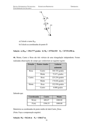 ESCOLA SUPERIOR DE TECNOLOGIA EXERCÍCIOS PROPOSTOS TOPOGRAFIA 
UNIVERSIDADE DO ALGARVE 
a) Calcule o rumo RED. 
b) Calcule as coordenadas do ponto D 
Solução : a) RED = 198.1777 grados b) MD = 157564.925 PD = 327351.098 m. 
46. Monte, Castro e Rosa são três vértices de uma triangulação independente. Foram 
realizadas observações de campo que conduziram ao seguinte registo: 
Estação Pontos visados Leituras 
30 
azimutais 
Rosa Castro 368.725 grados 
Monte 72.471 grados 
Castro Rosa 223.254 grados 
Monte 174.026 grados 
Monte Rosa 352.950 grados 
Castro 0.000 grados 
Sabendo que: 
Coordenadas Castro Monte 
M (m) 608.47 1000.00 
P (m) 1596.53 1000.00 
Determine as coordenadas do ponto médio do lado Castro_Rosa. 
(Nota: Faça a compensação angular). 
Solução: MX = 562.46 m PX = 1360.27 m. 
 