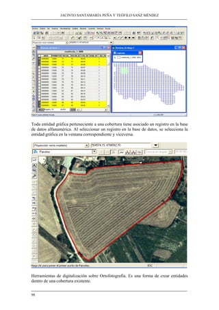 JACINTO SANTAMARÍA PEÑA Y TEÓFILO SANZ MÉNDEZ
98
Toda entidad gráfica perteneciente a una cobertura tiene asociado un registro en la base
de datos alfanumérica. Al seleccionar un registro en la base de datos, se selecciona la
entidad gráfica en la ventana correspondiente y viceversa.
Herramientas de digitalización sobre Ortofotografía. Es una forma de crear entidades
dentro de una cobertura existente.
 