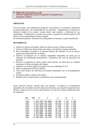 JACINTO SANTAMARÍA PEÑA Y TEÓFILO SANZ MÉNDEZ
66
II. PRÁCTICAS EN AULA C.A.D.
Software topográfico, para la resolución de Taquimétricos.
Esquemas y Planos.
OBJETIVOS
Con las visuales que componen la poligonal, se procederá a su resolución, obteniendo
las desorientaciones y las coordenadas de las estaciones. Seguidamente se realizará la
radiación simple de los puntos visados desde cada estación y obtención de sus
coordenadas. Y finalmente, con todos estos puntos se generará un fichero gráfico CAD
sobre el cual se representará la zona levantada.
Se terminará la práctica haciendo una salida gráfica en formato y escala normalizados.
DESARROLLO
Definir los ficheros de trabajo: fichero de observaciones y fichero de puntos.
Generar el fichero de observaciones de campo, con todas las visuales realizadas.
Dar coordenadas de partida a la primera estación del itinerario. Si no se conoce,
asignar una desorientación a la misma.
Resolver la poligonal con el software topográfico disponible, de forma que se
obtengan las coordenadas planimétricas y altimétricas del resto de estaciones del
itinerario.
Resolver la radiación de puntos desde cada estación, de forma que se complete
totalmente el fichero de puntos del trabajo.
Exportar a un formato gráfico los puntos con sus coordenadas X,Y,Z.
Abrir con aplicación CAD este fichero.
Traer como fichero de referencia un formato normalizado con su correspondiente
cajetín.
Incorporar células y Patrones de relleno.
Preparar todo el conjunto para su impresión a una escala adecuada.
Como ejercicio práctico resuelto para esta práctica, se propone el levantamiento
topográfico de una amplia zona del campus universitario, que requerirá la generación de
diversos croquis, tal vez uno por cada estación. Los datos de campo tomados han sido
los siguientes:
Est. PTO H V Z M I
------ --- -------- -------- ------ ----- -----
1001 1 228.1810 100.8480 46.255 1.700 1.590
1001 2 275.1060 100.7195 20.333 1.700 1.590
1001 3 276.7625 100.7595 19.069 1.700 1.590
1001 4 291.4260 100.6500 17.825 1.700 1.590
1001 5 291.8250 100.7060 18.772 1.700 1.590
1001 6 368.0805 99.6800 36.724 1.700 1.590
1001 7 369.5885 99.7215 36.279 1.700 1.590
1001 8 372.9085 99.0865 40.102 1.700 1.590
1001 9 373.2460 99.0860 43.738 1.700 1.590
1001 10 380.2525 99.1710 41.780 1.700 1.590
 