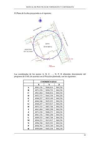 MANUAL DE PRÁCTICAS DE TOPOGRAFÍA Y CARTOGRAFÍA
85
El Plano de la obra proyectada es el siguiente:
Las coordenadas de los puntos A, B, C, …, N, P, R obtenidas directamente del
programa de CAD, de acuerdo con el Proyecto planteado, son las siguientes:
COORDENADAS
X Y Z
A 4981,156 5048,816 300,230
B 4971,520 5050,733 300,230
C 4961,884 5048,816 300,230
D 4953,715 5043,358 300,230
E 4948,257 5035,189 300,230
F 4946,340 5025,553 300,230
G 4948,257 5015,917 300,230
H 4953,715 5007,748 300,230
I 4961,884 5002,290 300,230
J 4971,520 5000,373 300,230
K 4981,156 5002,290 300,230
L 4989,325 5007,748 300,230
M 4994,253 5015,917 300,230
N 4996,700 5025,553 300,230
P 4994,783 5035,189 300,230
R 4989,688 5043,358 300,230
 
