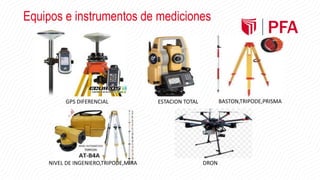 Equipos e instrumentos de mediciones
GPS DIFERENCIAL ESTACION TOTAL BASTON,TRIPODE,PRISMA
NIVEL DE INGENIERO,TRIPODE,MIRA DRON
 