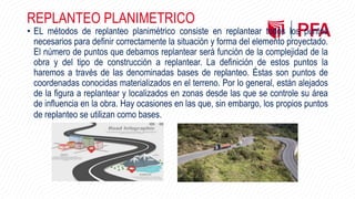 REPLANTEO PLANIMETRICO
• EL métodos de replanteo planimétrico consiste en replantear todos los puntos
necesarios para definir correctamente la situación y forma del elemento proyectado.
El número de puntos que debamos replantear será función de la complejidad de la
obra y del tipo de construcción a replantear. La definición de estos puntos la
haremos a través de las denominadas bases de replanteo. Éstas son puntos de
coordenadas conocidas materializados en el terreno. Por lo general, están alejados
de la figura a replantear y localizados en zonas desde las que se controle su área
de influencia en la obra. Hay ocasiones en las que, sin embargo, los propios puntos
de replanteo se utilizan como bases.
 