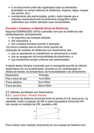 é um documento onde são registrados todos os elementos
levantados no campo (leituras de distâncias, ângulos, régua, croquis
dos pontos, etc.);
normalmente são padronizadas, porém, nada impede que a
empresa responsável pelo levantamento topográfico adote
cadernetas que melhor atendam suas necessidades.
Precisão e Cuidados na Medida Direta de Distâncias
Segundo DOMINGUES (1979) a precisão com que as distâncias são
obtidasdepende, principalmente:
do dispositivo de medição utilizado,
dos acessórios, e
dos cuidados tomados durante a operação.
Os outros cuidados que se deve tomar quando da
realização de medidas de distâncias com diastímetros são:
que os operadores se mantenham no alinhamento a medir,
que se assegurem da horizontalidade do diastímetro, e
que mantenham tensão uniforme nas extremidades.
A tabela abaixo fornece a precisão que é conseguida quando se utilizam
diastímetros em um levantamento, levando-se em consideração os
efeitos da tensão, da temperatura, da horizontalidade e do alinhamento.
Diastímetro Precisão
Fita e trena de aço 1cm/100m
Trena plástica 5cm/100m
Trena de lona 25cm/100m
8.3. Métodos de Medida com Diastímetros
8.3.1. Lance Único - Pontos Visíveis
na medição da distância horizontal entre os pontos A e B, procura-se, na
realidade, medir a projeção de AB no plano topográfico horizontal HH'.
Isto resulta na medição de A'B', paralela a AB.
Para realizar esta medição recomenda-se uma equipe de trabalho com:
 