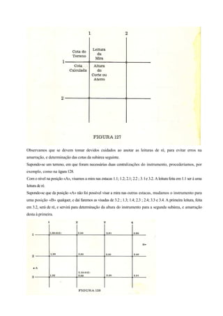 Observamos que se devem tomar devidos cuidados ao anotar as leituras de ré, para evitar erros na
amarração, e determinação das cotas da subárea seguinte.
Supondo-se um terreno, em que foram necessárias duas centralizações do instrumento, procederíamos, por
exemplo, como na ügura 128.
Com o nível na posição «A», visamos a mira nas estacas 1.1; 1.2; 2.1; 2.2 ; 3. l e 3.2. A leitura feita em 1.1 ser á uma
leitura de ré.
Supondo-se que da posição «A» não foi possível visar a mira nas outras estacas, mudamos o instrumento para
uma posição «B» qualquer, e daí faremos as visadas de 3.2 ; 1.3; 1.4; 2.3 ; 2.4; 3.3 e 3.4. A primeira leitura, feita
em 3.2, será de ré, e servirá para determinação da altura do instrumento para a segunda subárea, e amarração
desta à primeira.
 